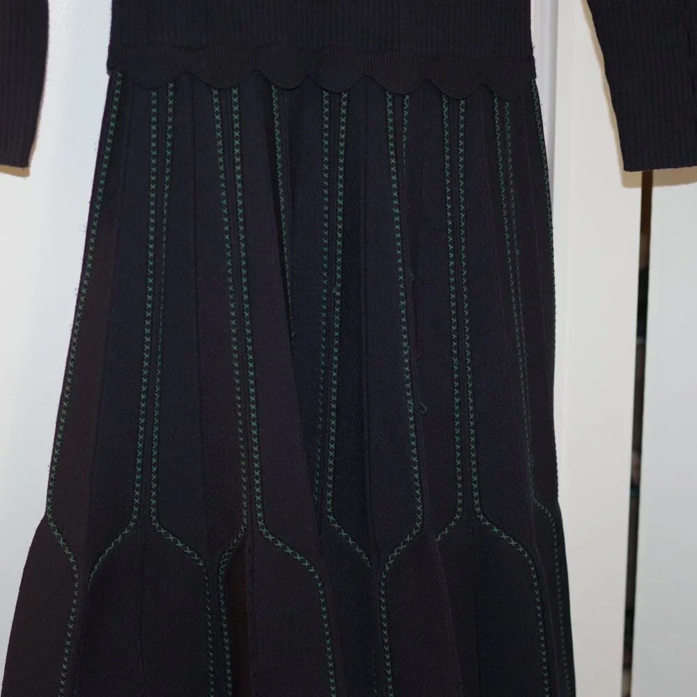 Sandro Paris Ribbed Knit Pleated Fit&Flare Pointell Dress Boatneck size 38 - Picture 8 of 10